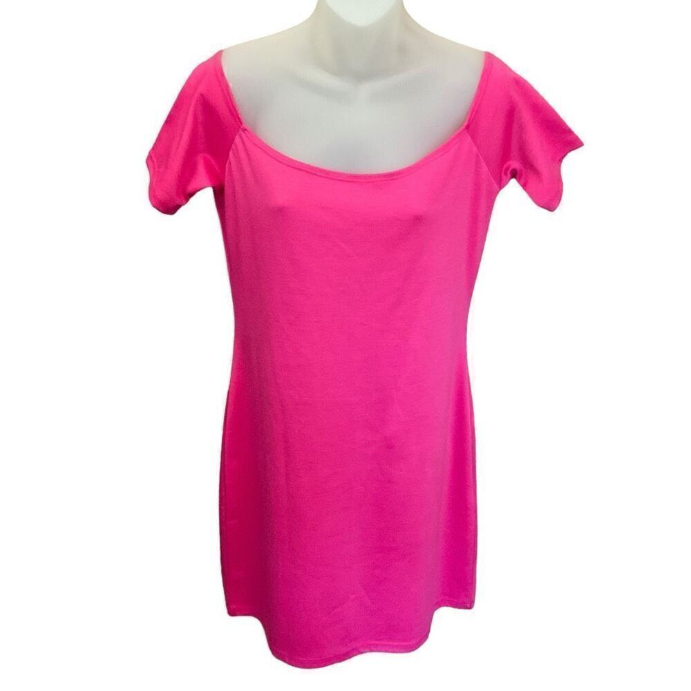 Doublju Womens Pink Short Sleeve Scoop Neck Bodycon Mini Dress Size 1X